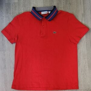 Lacoste Red Polo with Blue Striped Collar